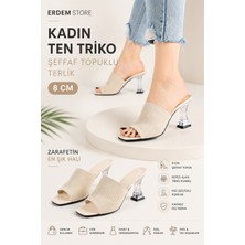 Erdem Store Kadın Ten Triko Şeffaf Topuklu Terlik 8 cm Kristal Topuk Açık Burun Yazlık Abiye Rahat Şık Günlük Davet