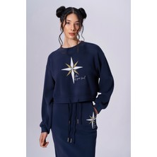 Kadın Pamuklu Baskılı Uzun Kollu Günlük Kullanım Lacivert Sweatshirt NAAR91305-LACİVERT
