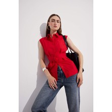 DeFacto %100 Pamuk Fitted Poplin Kolsuz Kırmızı Gömlek I3909AX26HS