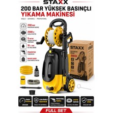 Staxx Power 200 Bar Basınçlı Yıkama Makinesi Bakır Motor Hortum Makaralı Köpük Tabancalı Set Oto Bahçe Yıkama