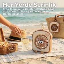 Asonic 3 Hız Kademeli Masaüstü Mini Fan - Sevimli Tost Ekmeği Tasarımlı Şarj Edilebilir Karikatür Vantilatör, Type-C Şarj Girişli, 45 Derece Ayarlanabilir Açılı Kişisel Masa Fanı