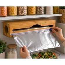 Doğal Bambu Streç Film ve Alüminyum Folyo Dispenser Kesici Kutusu, Asılabilir Mutfak Düzenleyici Organizer, Pratik Kesim ve Saklama Aparatı, Premium Dayanıklı Tasarım, 33,4 x 8 cm