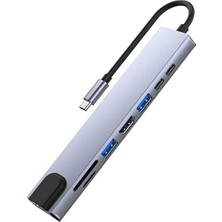 PX-U520 8 In 1 Type-C Çoklayıcı Adaptör, 4K 30Hz HDMI Usb-C Hub, 2x USB 3.0 RJ45 Gigabit Ethernet Sd Micro Sd Kart Okuyucu 2x Pd Şarj Portlu Gri Metal Usb-C Çevirici, MacBook Laptop Pc Için