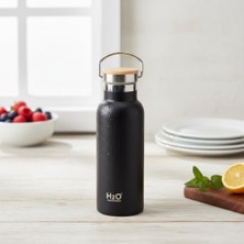 Bambu Kapaklı Siyah Çelik Termos Matara - 500 ml Sızdırmaz Kilitli Mug - Doğal Ahşap Detaylı Sıcak ve Soğuk Tutan Ofis Termosu