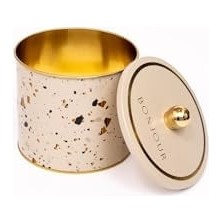 Evle-Terrazo Desenli Yuvarlak Metal Saklama Kabı, Erzak Saklama Kabı - Organizer Kutu 14 cm x 12,5 cm (Terrazzo Cream)