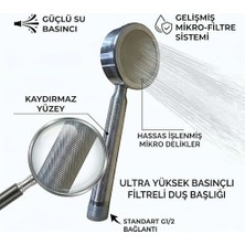 Paslanmaz Inox El Duş Başlığı, Yüksek Basınçlı, Mikro Filtre Sistemli, Kaydırmaz Yüzey