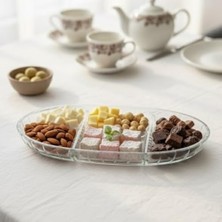 Şık Tasarımlı 3 Bölmeli Cam Kahvaltılık – 27X15 cm Dayanıklı Servis Tabağı, Çok Bölmeli Sunum Kabı, Çizgili Desen Modern Cam Meze ve Atıştırmalık Tabağı