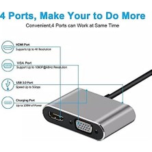 Type-C HDMI VGA USB 3.0 Type 4in1 Video Dönüştürücü Veri Aktarıcı USB Adaptör Notebook ve Macbook ile Uyumlu Gri Tc-26