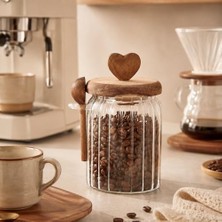 Ahşap Kapaklı Cam Kavanoz 570 ml Kaşıklı | Hava Geçirmez Baharatlık Çay Kahve Şeker Saklama Kabı