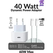 Fodos 40W (Watt) iPhone Şarj Aleti iPhone 17 Pro Max Uyumlu Usb-C 60W Pd Hızlı Şarj Dynamic Power Adaptör + Kablo Set