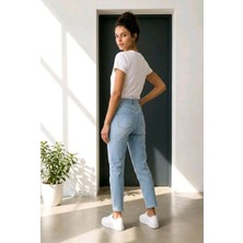 Hies Yüksek Bel Buz Mavi Likralı Mom Jean