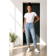 Hies Yüksek Bel Buz Mavi Likralı Mom Jean