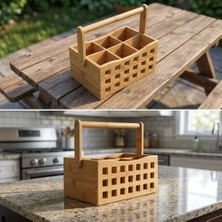 4 Bölmeli Saplı Doğal Bambu Çatal Bıçak Sepeti - Çok Amaçlı Masaüstü Organizer Mutfak Düzenleyici ve Kalemlik Standı (23X15 Cm)