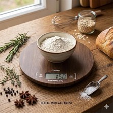 Doğal Akasya Ahşap Dijital Mutfak Terazisi, 5 kg Kapasiteli Hassas Yemek ve Kahve Tartısı, Minimalist Tasarım (Yuvarlak)