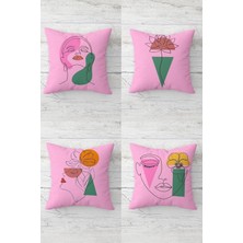 Line Art Yüz ve Çiçek Desenli Gizli Fermuarlı Kırlent Kılıfı Koltuk Yastık Kılıfı TAKIM(4ADET), Pembe-Yeşil 45 x 45