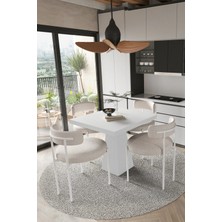 Trendy Asel Mayer  Beyaz Lake Mdf Ayak  90X90 Yemek Masası Mutfak Masası 4 Kişilik Masa Takımı Teddy Sandalye