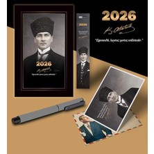 2026 Kalpaklı Atatürk Ajandası Ayraç Kartpostal Kalem - Gri