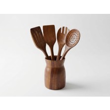 Premium Akasya Ağacı Mutfak Gereçleri Seti - 4 Parça Kaşık/spatula Seti ve Şık Ahşap Tutucu - Gıdayla Temasa Uygun, Doğal ve Antibakteriyel - Mutfak Için Ergonomik Tasarım