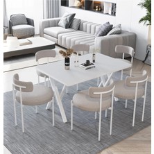 Trendy Asel Larina Beyaz Teddy Sandalye 80X140 Yemek Masası Mutfak Masası 6 Kişilik Masa Sandalye Takımı
