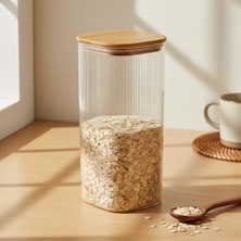 10X25 cm Bambu Kapaklı Kare Cam Saklama Kavanozu - Vakumlu Dev Boy Şeffaf Erzak Kabı Spagetti Makarna Bakliyat Kutusu ve Kiler Düzenleyici Organizatör