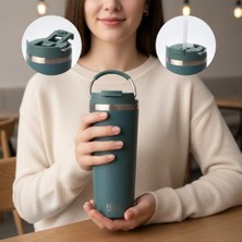 Hype Store 660 ml Pipetli Paslanmaz Çelik Termos Kupa - 4 Renk Seçeneği (Krem, Yeşil, Siyah, Mavi) - Büyük Boy (Venti) Sıcak ve Soğuk Tutan Mug (Yeşil)