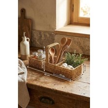 Hype Store 3 Bölmeli Hasır Sepet Organizer Saplı, Mutfak Banyo Ofis Çok Amaçlı Düzenleyici, Plastik Rattan Kaşıklık Sepeti, 40X13X17 cm