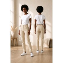 Hies Krem Mom Jeans,yüksek Bel Likralı Esnek Kadın Mom Kot Pantolon