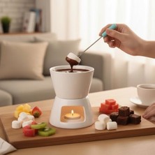 Techbutiq Store 2 Çatallı Porselen Fondü Seti - Minimalist Beyaz Çikolata ve Peynir Eritme Kasesi Paslanmaz Çelik Çatallı Mumlu Şık Sunum Seti