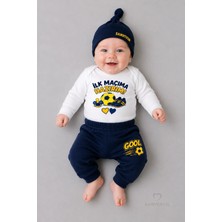 Babyden's Bebek 3'lü Takım Sarı Lacivert Taraftar Temalı Uzun Kol %100 Pamuk Yenidoğan Body Pantolon Şapka Seti Ilk Maçıma Hazırım 0-9 Ay