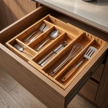 Ayarlanabilir Bambu Kaşıklık ve Çekmece Içi Organizer - 5-7 Bölmeli Genişleyebilir Çatal Bıçak Düzenleyici (39.4 x 24 x 6.4 Cm)