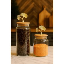 2’li Altın Metal Ginkgo Figürlü Bambu Kapaklı Cam Kavanoz – Saklama Kabı 1400ML + 890 ml