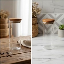 Doğal Akasya Ahşap Kapaklı Borosilikat Cam Kavanoz - 350 ml Vakumlu Yuvarlak Baharatlık, Çay ve Kahve Saklama Kabı