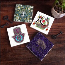 Hayat Ağacı, Fatma Ana Eli (Hamsa), Şahmeran Taş Bardak Altlığı Seti - 4 Parça - Dekoratif, Rustik Mutfak Aksesuarı, 10X10 Cm, Kaydırmaz Tabanlı, Şık ve Dayanıklı SC489