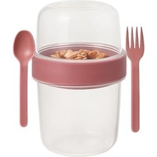 Pembe Saklama Kabı – 2 Katlı Taşınabilir Yemek Kabı, Kaşık ve Çatal Dahil 18X10 cm