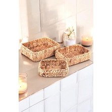 Doğal El Yapımı, Kare Bombeli Düzenleyici 3'lü Hasır Sepet - 32CM-28CM-24CM 3 Boy Set