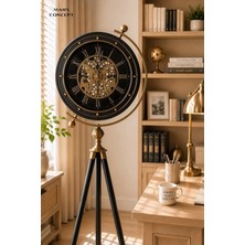 Mars Concept Mat Siyah Metal Çarklı Tripod Saat │altın Siyah Modern Salon Yer Saati , 40 x 153 cm