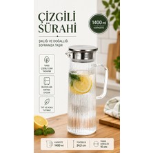Rotanev Modern Çizgili Cam Sürahi Paslanmaz Çelik Kapaklı Filtreli Sürahi  Su, Limonata, Buzlu Çay ve Meyve Suyu 1400 ml
