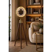 Mars Concept Beyaz Kadran Gold Metal Çerçeveli LED Işıklı Çarklı Tripod Saat │altın Beyaz  Gövde Ahşap Ayaklı Salon Yer Saati , 49 x 169 cm