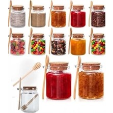 Cam Kavanoz Seti, 350 Ml, Mantar Kapaklı, Ahşap Bal Kaşığı Ile, Mutfak Saklama Kabı (2)
