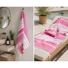 Yakestore Pembe Beyaz Şeritli Yıkanmış Pamuk Peştemal
