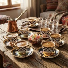 Yakestore 6 Kişilik Porselen Türk Kahvesi Fincan Takımı - Siyah Beyaz Damalı, Gold Yaldızlı ve Renkli Çiçek Desenli Tabaklı 12 Parça Lüks Sunum Seti