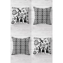 Yakestore Etnik Bohemian Maya Desenli Gizli Fermuarlı Kırlent Kılıfı Koltuk Yastık Kılıfı TAKIM(4ADET), Beyaz-Siyah 45 x 45