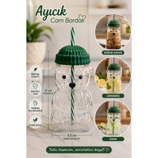 Rotanev Barista Ayıcık Figürlü Cam Soğuk Içecek Limonata Meşrubat Bardağı Silikon Pipet ve Kapaklı 550 ml