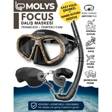 Molys Focus Dalış Maskesi + Antı Fog (Buğu Önleyici Film) + Katlanabilir Şnorkel + Maske Kutusu Kum Kamuflaj