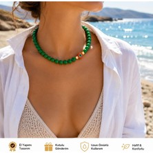 Sinem Şanlı Atelier Yasemin Mat Yeşil Cam Boncuk Nazar Boncuklu El Yapımı Hematit Detaylı Kolye