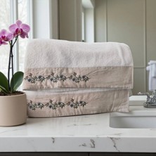 Erca Home Tekstil Ürünleri %100 Pamuklu Çok Şık Banyo Havlusu Krem Rengi Işlemeli