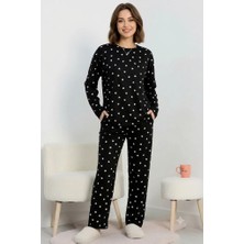 Marvelas Kadın Siyah Pamuklu Kalp Desenli Pijama Takımı Yumuşak ve Rahat Ev Giyim