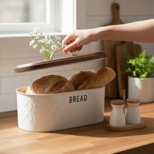 Yakestore Beyaz Metal Ekmek Kutusu 33X18X18 cm | Ahşap Kapaklı Büyük Hacimli Ekmeklik | Gold Kulplu Modern Mutfak Depolama Kabı | Uzun Süre Taze Saklama