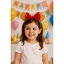Yakestore Pullu Mouse Kulakları Taç, Altın ve Kırmızı, Sequin Fiyonk Detaylı, Kostüm Aksesuarı