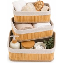 Yakestore Bambu Organizer Sepet 3’lü Set – Kumaş Kaplı Dekoratif Saklama Kutusu, Çok Amaçlı Düzenleyici (Banyo, Mutfak, Dolap)